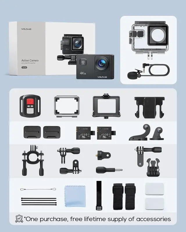 Alt view image 7 of 7 - WOLFANG GA100 Action Camera 4K 20MP Waterproof 40M Underwater Camera EIS Stabilization WiFi 170° Wide Angle Helmet Camera (External Microphone, Remote Control, 2 Batteries and Accessory Kit)