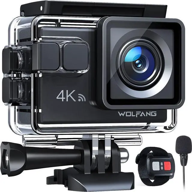 Main image of WOLFANG GA100 Action Camera 4K 20MP Waterproof 40M Underwater Camera EIS Stabilization WiFi 170° Wide Angle Helmet Camera (External Microphone, Remote Control, 2 Batteries and Accessory Kit)