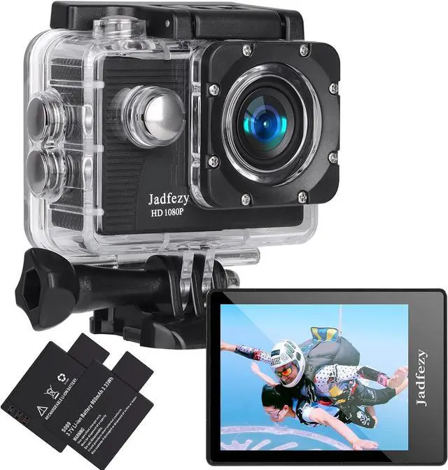 Main image of Jadfezy Action Camera FHD 1080P 12MP, 98FT/30M Underwater Waterproof Camera with 2 Batteries, Wide Angle Sports Camera with Accessories Kit Suitable for Helmet, Bicycle, etc.