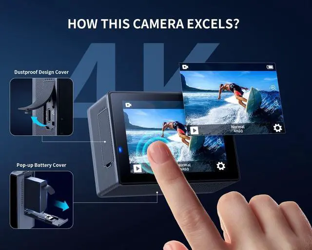 Alt view image 2 of 7 - WOLFANG GA300 Action Camera 4K 60FPS 24MP Waterproof 40M Underwater Camera EIS Stabilization WiFi Wide Angle Helmet Camera (External Microphone, Remote Control, 2x1350mAh Batteries and Accessory Kit)