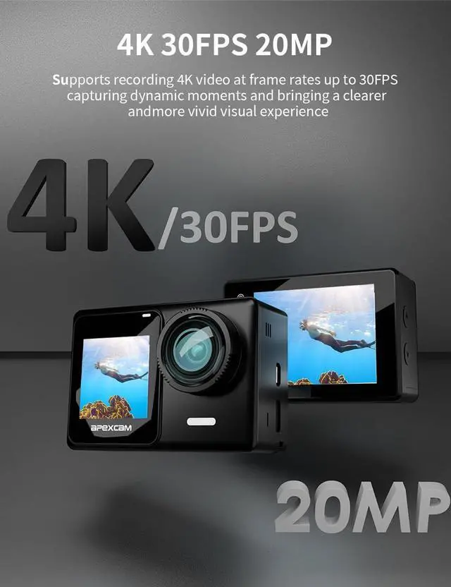 Alt view image 5 of 7 - Apexcam 4K 30FPS 20MP Action Cam Dual Screen Touch Screen 40m Waterproof Sports Camera WiFi Camera 170° Wide Angle Remote Control with 2x1350mAh Batteries & Accessories Kits