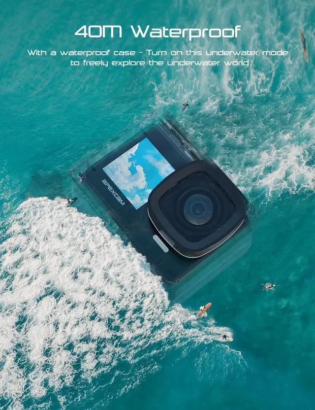 Alt view image 6 of 7 - Apexcam 4K 30FPS 20MP Action Cam Dual Screen Touch Screen 40m Waterproof Sports Camera WiFi Camera 170° Wide Angle Remote Control with 2x1350mAh Batteries & Accessories Kits