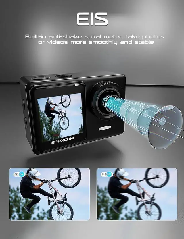 Alt view image 7 of 7 - Apexcam 4K 30FPS 20MP Action Cam Dual Screen Touch Screen 40m Waterproof Sports Camera WiFi Camera 170° Wide Angle Remote Control with 2x1350mAh Batteries & Accessories Kits