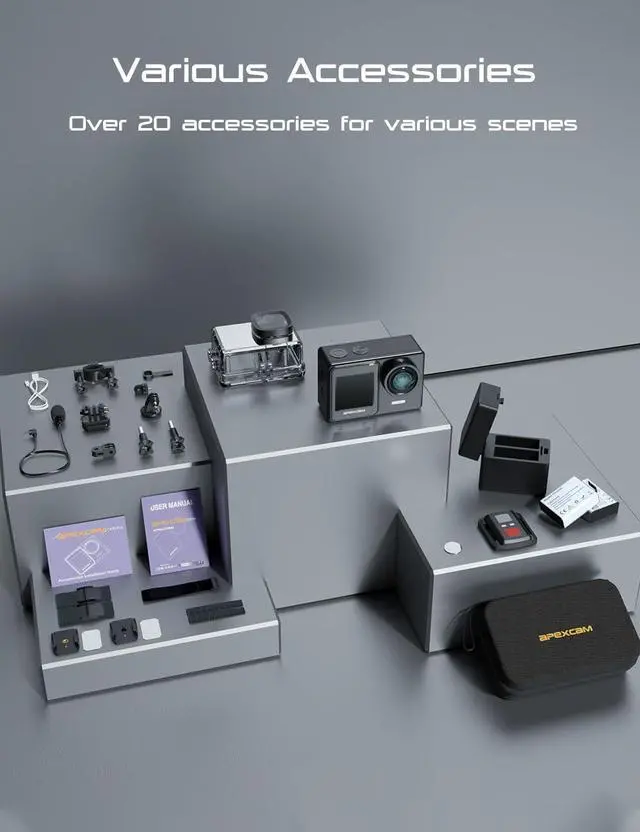 Alt view image 3 of 7 - Apexcam 4K 30FPS 20MP Action Cam Dual Screen Touch Screen 40m Waterproof Sports Camera WiFi Camera 170° Wide Angle Remote Control with 2x1350mAh Batteries & Accessories Kits