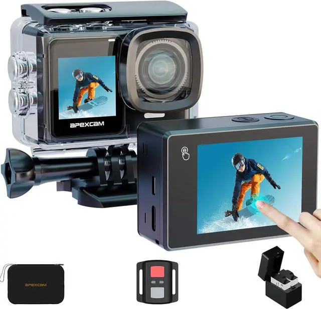 Main image of Apexcam 4K 30FPS 20MP Action Cam Dual Screen Touch Screen 40m Waterproof Sports Camera WiFi Camera 170° Wide Angle Remote Control with 2x1350mAh Batteries & Accessories Kits