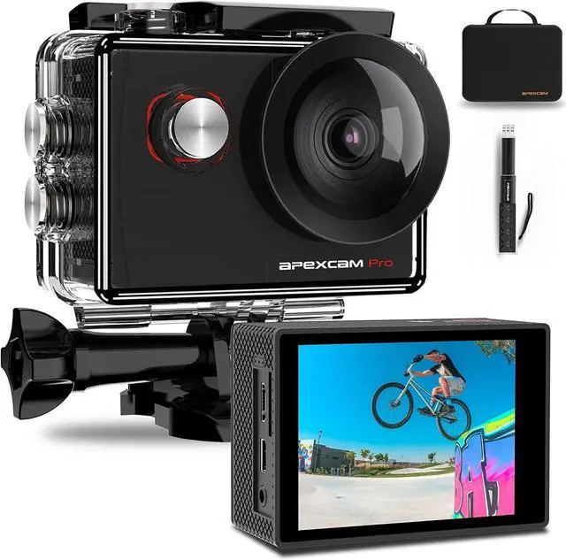 Main image of [2024 New]Apexcam 4K EIS 20MP WiFi Pro Action Camera 170° Wide-Angle Ultra HD Sports Camera External Mic Waterproof Underwater Cam With Remote Control Selfie Stick 2x1200mAh Batteries and Accessories
