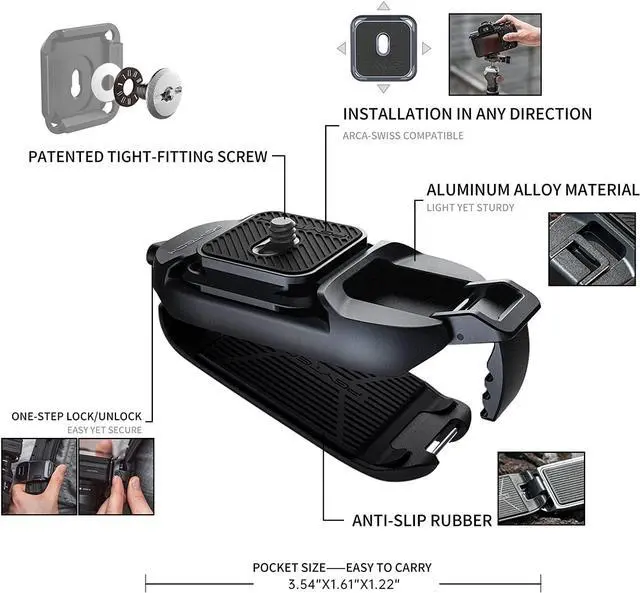 Alt view image 2 of 7 - PGYTECH Beetle Camera Clip with Plate Camera Quick Release System for Sony, Nikon, Fuji, DSLR Action Camera Backpack Camera Strap Mount