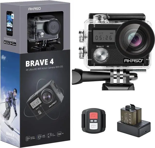 Main image of AKASO Brave 4 4K 20MP WiFi Action Camera Ultra HD with EIS 30m Underwater Waterproof Camera Remote Sports Camcorder with 2 Rechargeable 1050mAh Batteries and Helmet Accessories Kit
