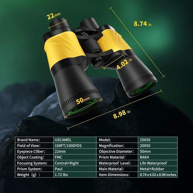 Alt view image 7 of 7 - Binoculars for Adults,20 x 50 High Power Professional Binoculars for Bird Watching,Waterproof Binoculars with Porro BAK4 Prism Len Multilayer-Coated Lenses for Outdoor Hunting Concert,Theater