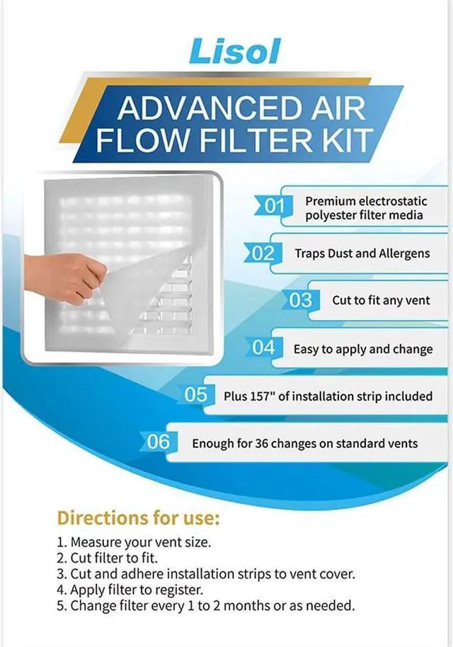 Alt view image 3 of 6 - Lisol Complete Air Vent Filters Kit- 98 x 18'' Electrostatic Media With 157" of Installation Tape 36+ Filters per Roll for HVAC, AC & Heating Intake Registers & Grilles