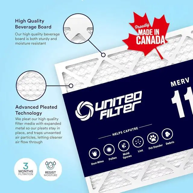 Main image of United Filter 16x25x1 MERV 11 Furnace Filters - (Case of 12) HVAC Filters Captures Bacteria, Airborne Dust, Pollen, Mould Spores & Smoke - Replacement Air Filters Made in Canada