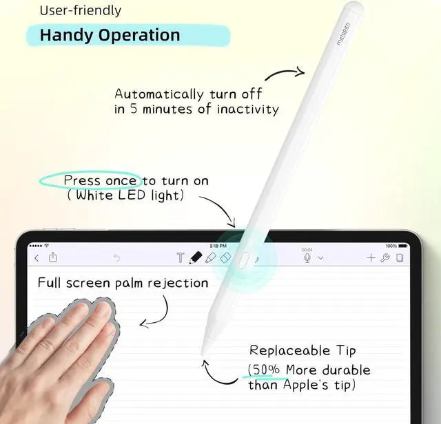 Alt view image 4 of 7 - Metapen Pencil A11 for iPad 2018-2022 (Personalization via Metapen APP) Stylus Pen with Palm Rejection for Apple iPad Pro 12.9" 6th/Pro 11" 4th, iPad 10th~6th, iPad Air 3rd-5th, iPad Mini 5th