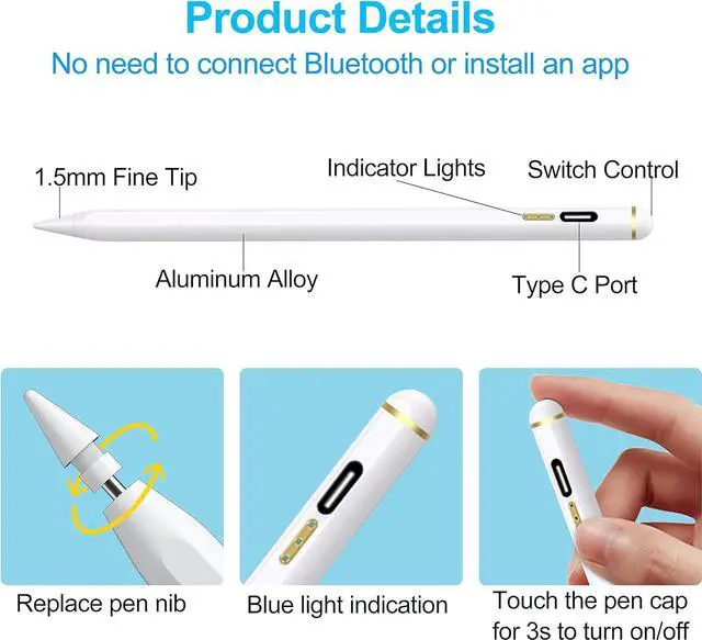 Alt view image 4 of 7 - MXCOIRTP Stylus Pen for iPad (2018-2023), Fast Charge Pencil 2nd Gen with Palm Rejection & Tilt Function, Active Pencil for iPad Pro 11/12.9 inch, iPad Air 3/4/5, iPad 6/7/8/9/10, iPad Mini 5/6 - Gold