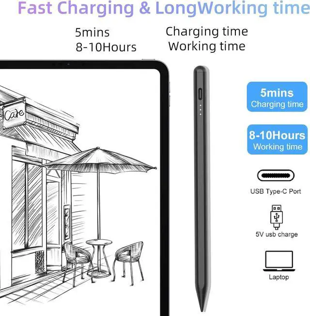 Alt view image 6 of 6 - Stylus Pen for iPad with Palm Rejection, PINKCAT 2X Fast Charge Active Pencil Compatible with 2018-2023 Apple iPad Pro 11/12.9 inch, iPad Air 3/4/5 Gen, iPad 6/7/8/9/10 Gen, iPad Mini 5/6 Gen - Black