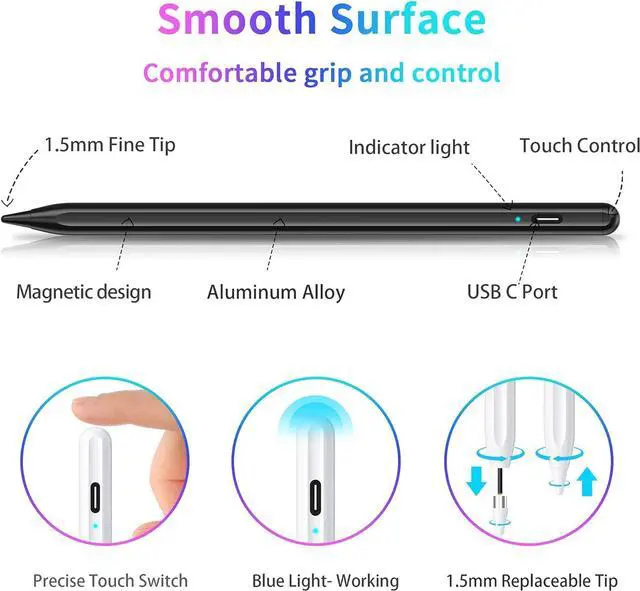 Alt view image 5 of 7 - Stylus Pen, Tablet Pen Compatible for iOS and Android Touchscreens, Rechargeable Stylus Pen with Dual Touch Screen, Stylus Pencil for Apple/Android/Samsung Tablet, 16.5CM,Black