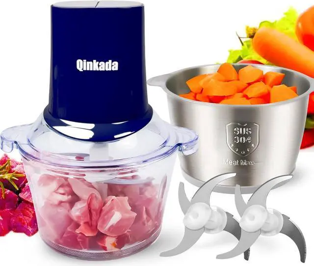 Main image of Qinkada Food Processors with 2 Bowls, 400W Meat Grinder, Food Chopper Electric, 2 Speed, 8Cup Glass and 8Cup 304 Stainless Steel, 2 Blades, Spatula (Blue)