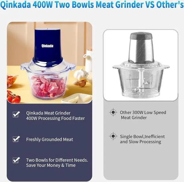 Alt view image 3 of 7 - Qinkada Food Processors with 2 Bowls, 400W Meat Grinder, Food Chopper Electric, 2 Speed, 8Cup Glass and 8Cup 304 Stainless Steel, 2 Blades, Spatula (Blue)