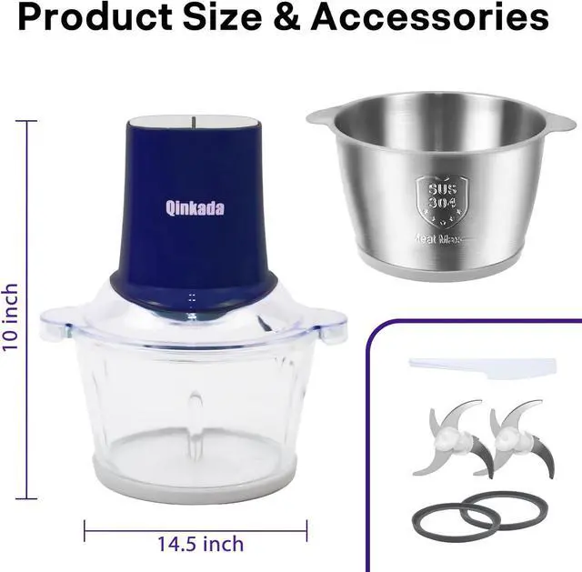 Alt view image 7 of 7 - Qinkada Food Processors with 2 Bowls, 400W Meat Grinder, Food Chopper Electric, 2 Speed, 8Cup Glass and 8Cup 304 Stainless Steel, 2 Blades, Spatula (Blue)