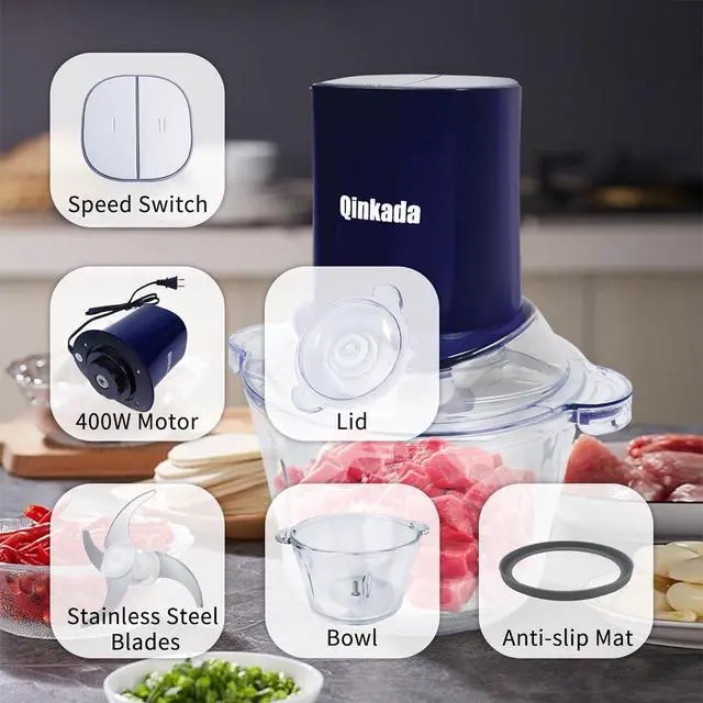Alt view image 4 of 7 - Qinkada Food Processors with 2 Bowls, 400W Meat Grinder, Food Chopper Electric, 2 Speed, 8Cup Glass and 8Cup 304 Stainless Steel, 2 Blades, Spatula (Blue)