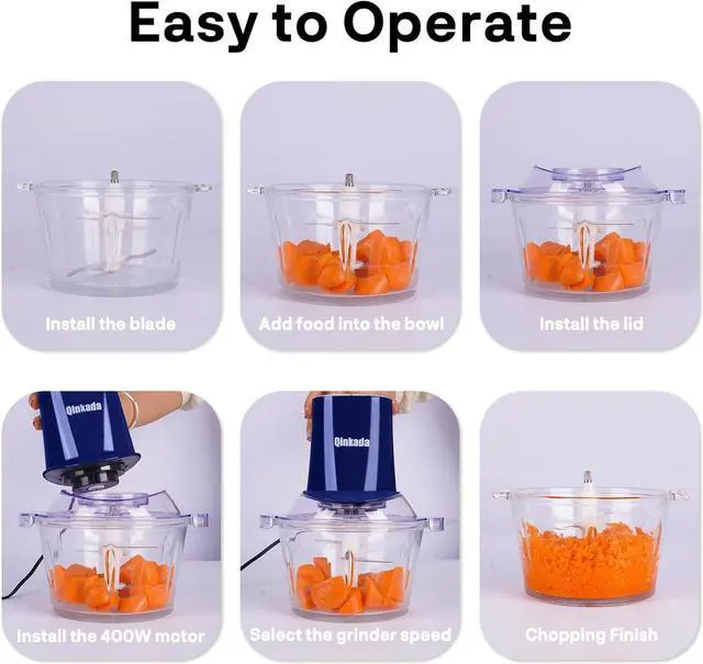 Alt view image 6 of 7 - Qinkada Food Processors with 2 Bowls, 400W Meat Grinder, Food Chopper Electric, 2 Speed, 8Cup Glass and 8Cup 304 Stainless Steel, 2 Blades, Spatula (Blue)