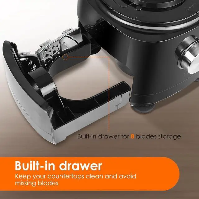 Alt view image 4 of 6 - Davivy 7-Cup Food Processors, 8 Functions Built-in Storage Drawer Vegetable Chopper with 10 set blades,French fry cutting,Wavy slicing for Home Use,3-Speed, Black,600W (7-Cup Built-in Drawer)