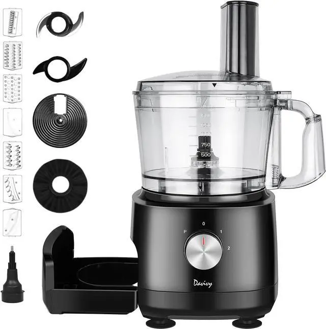 Main image of Davivy 7-Cup Food Processors, 8 Functions Built-in Storage Drawer Vegetable Chopper with 10 set blades,French fry cutting,Wavy slicing for Home Use,3-Speed, Black,600W (7-Cup Built-in Drawer)