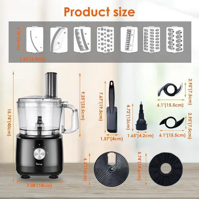 Alt view image 4 of 7 - Davivy 7-Cup Food Processors, 8 Functions Built-in Storage Drawer Vegetable Chopper with 10 set blades,French fry cutting,Wavy slicing for Home Use,3-Speed, Black,600W (7-Cup Built-in Drawer)