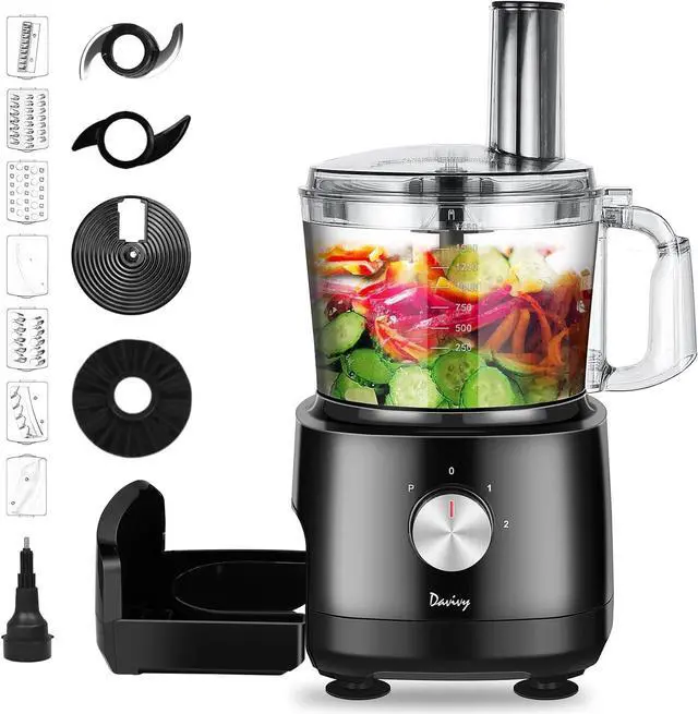 Main image of Davivy 7-Cup Food Processors, 8 Functions Built-in Storage Drawer Vegetable Chopper with 10 set blades,French fry cutting,Wavy slicing for Home Use,3-Speed, Black,600W (7-Cup Built-in Drawer)