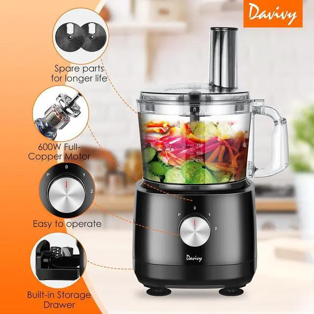 Alt view image 2 of 7 - Davivy 7-Cup Food Processors, 8 Functions Built-in Storage Drawer Vegetable Chopper with 10 set blades,French fry cutting,Wavy slicing for Home Use,3-Speed, Black,600W (7-Cup Built-in Drawer)