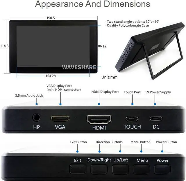 Alt view image 6 of 7 - Waveshare 7inch HDMI LCD (H) (with case) 1024x600 Resolution Monitor IPS Capacitive Touch Screen with Toughened Glass Cover Supports Raspberry Pi 4B/3B+/3B.../Jetson Nano/PC Windows