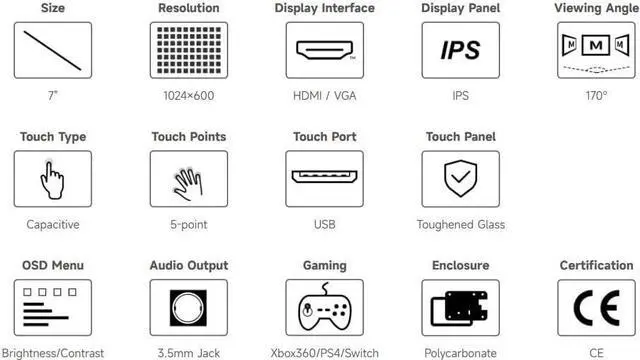 Alt view image 7 of 7 - Waveshare 7inch HDMI LCD (H) (with case) 1024x600 Resolution Monitor IPS Capacitive Touch Screen with Toughened Glass Cover Supports Raspberry Pi 4B/3B+/3B.../Jetson Nano/PC Windows