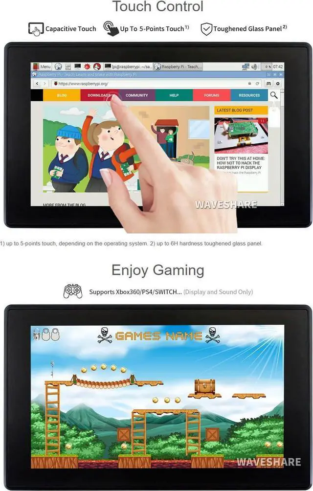 Alt view image 2 of 7 - Waveshare 7inch HDMI LCD (H) (with case) 1024x600 Resolution Monitor IPS Capacitive Touch Screen with Toughened Glass Cover Supports Raspberry Pi 4B/3B+/3B.../Jetson Nano/PC Windows