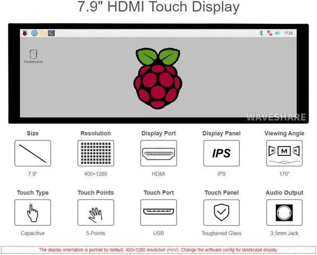 Alt view image 2 of 7 - Waveshare 7.9inch Capacitive LCD HDMI Display,Mini Monitor,400×1280 Hardware Resolution IPS Touch Screen with Toughened Glass Cover Supports All Versions of Raspberry Pi Jetson Nano Windows