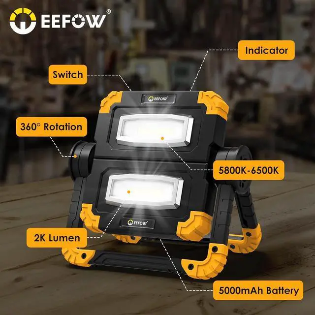 Alt view image 5 of 6 - LED Work Light Rechargeable Portable - 360°Rotation Folding Hyper Tough Working Lamp with 2 COB 2000Lumens Flood Light Stand USB Cordless Battery Powered Worklight Tool for Outdoor Camping Lighting
