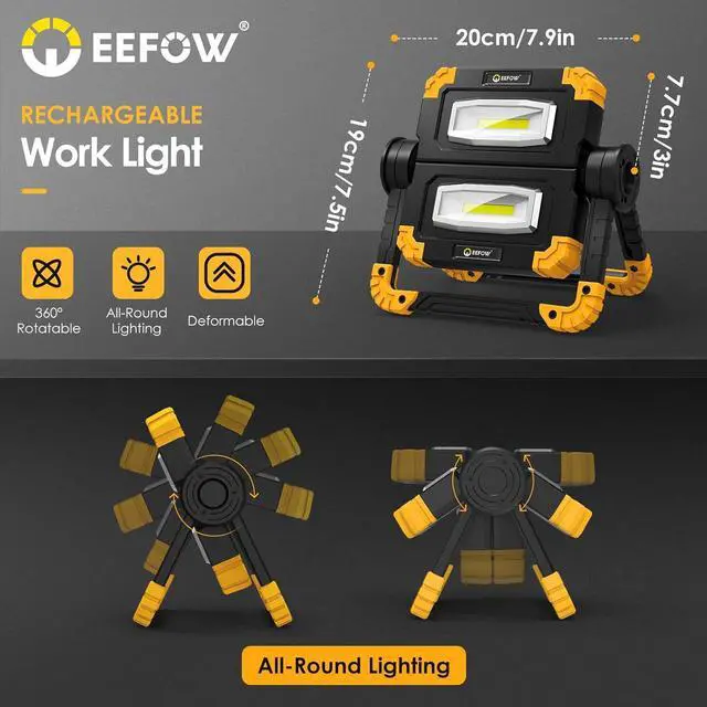 Alt view image 4 of 6 - LED Work Light Rechargeable Portable - 360°Rotation Folding Hyper Tough Working Lamp with 2 COB 2000Lumens Flood Light Stand USB Cordless Battery Powered Worklight Tool for Outdoor Camping Lighting