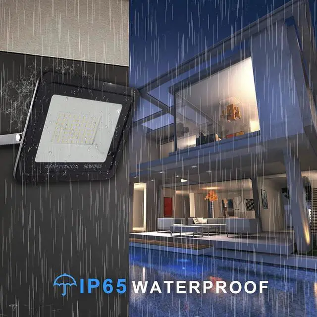 Alt view image 2 of 7 - Amptonica LED Flood Light, 50W 5000lm Waterproof Outdoor Floodlights with Plug, 5000K Daylight White Exterior Flood Light, 300W HPS Equivalent LED Work Light for Garden, Yard, Garage, Porch, 2 Pack