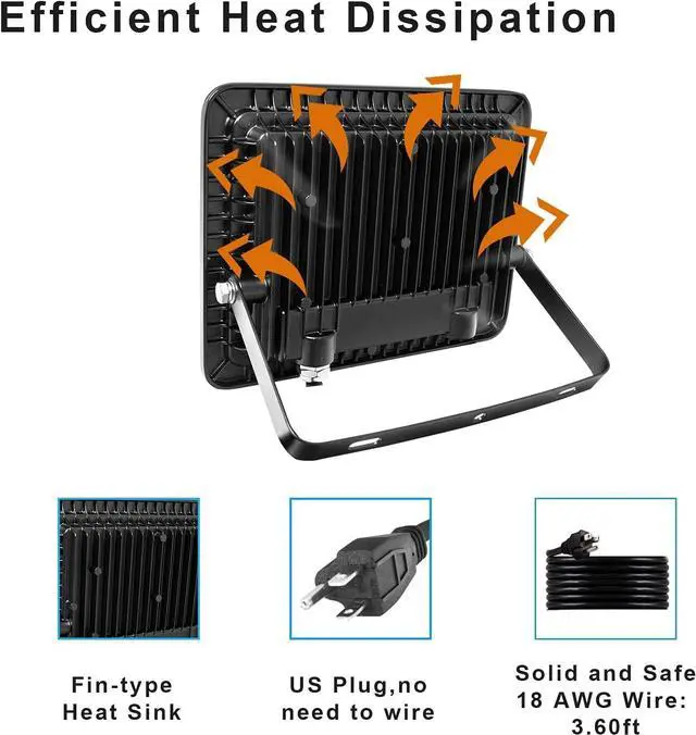 Alt view image 4 of 7 - Amptonica LED Flood Light, 50W 5000lm Waterproof Outdoor Floodlights with Plug, 5000K Daylight White Exterior Flood Light, 300W HPS Equivalent LED Work Light for Garden, Yard, Garage, Porch, 2 Pack