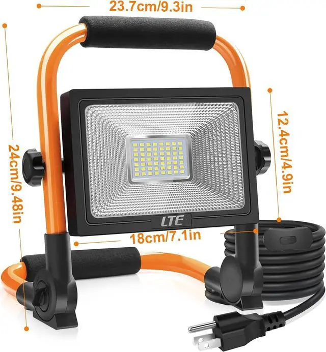 Alt view image 7 of 7 - LTE 50W LED Work Light, 4300LM LED Flood Light 500W Equivalent, IP66 Waterproof Outdoor 16.4FT Cord with Plug Job Site Light, 5000K, Adjustable Portable Light for Workshop, Garage, Construction Site