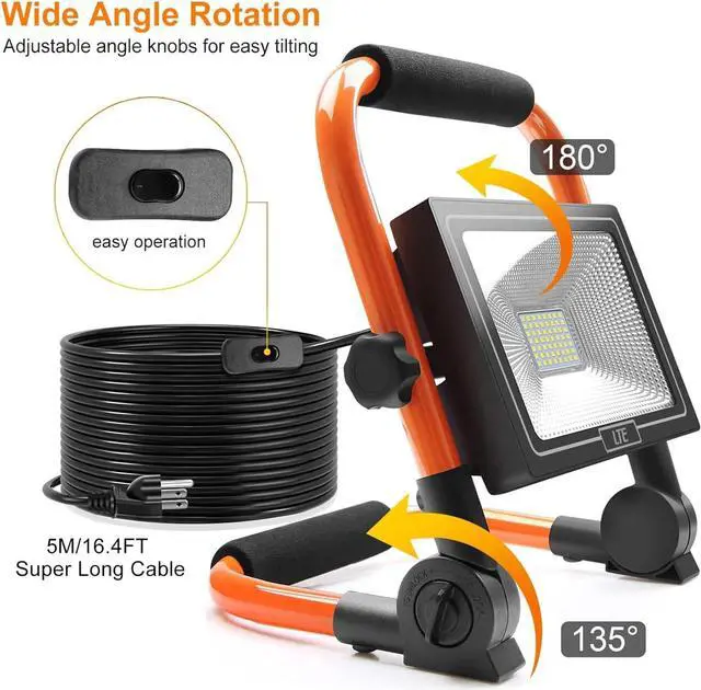 Alt view image 2 of 7 - LTE 50W LED Work Light, 4300LM LED Flood Light 500W Equivalent, IP66 Waterproof Outdoor 16.4FT Cord with Plug Job Site Light, 5000K, Adjustable Portable Light for Workshop, Garage, Construction Site