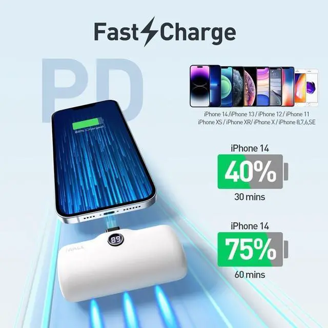 Alt view image 6 of 6 - iWALK Portable Charger 4800mAh Power Bank Fast Charging and PD Input Small Docking Battery with LED Display Compatible with iPhone 14/14 Pro Max/13/13 Pro Max/12/12 Pro/11/X/8/7/6,White