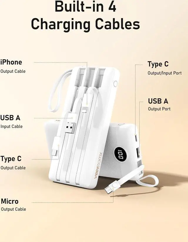 Alt view image 6 of 7 - VEEKTOMX Portable Charger with Built in Cables 10000mAh, USB C Fast Charging Power Bank with 5 Outputs and LED Display, Small Battery Pack Compatible with iPhone 15/14, Samsung, Android, etc