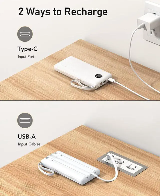 Alt view image 7 of 7 - VEEKTOMX Portable Charger with Built in Cables 10000mAh, USB C Fast Charging Power Bank with 5 Outputs and LED Display, Small Battery Pack Compatible with iPhone 15/14, Samsung, Android, etc