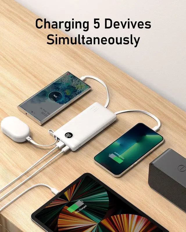 Alt view image 4 of 7 - VEEKTOMX Portable Charger with Built in Cables 10000mAh, USB C Fast Charging Power Bank with 5 Outputs and LED Display, Small Battery Pack Compatible with iPhone 15/14, Samsung, Android, etc