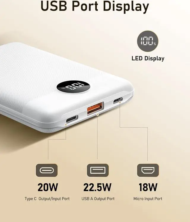 Alt view image 2 of 7 - VEEKTOMX Mini Portable Charger 10000mAh, 22.5W PD&QC 3.0 USB C Fast Charging Power Bank, Small Battery Pack with LED Display, Travel Essential Slim Battery Bank Compatible with iPhone,Samsung, etc