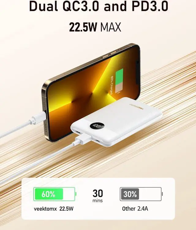 Alt view image 6 of 7 - VEEKTOMX Mini Portable Charger 10000mAh, 22.5W PD&QC 3.0 USB C Fast Charging Power Bank, Small Battery Pack with LED Display, Travel Essential Slim Battery Bank Compatible with iPhone,Samsung, etc