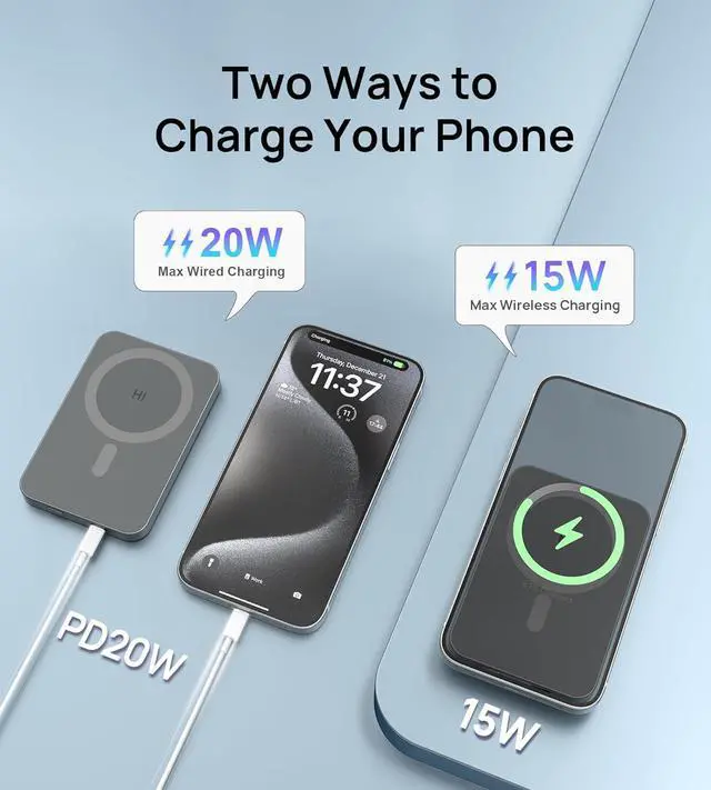 Alt view image 2 of 7 - HINOVO Magnetic Power Bank 5000mAh Portable Charger iPhone Compatible for Magsafe 0.35 Battery Pack PD 20W&15W Wireless Charger for iPhone 15/14/13/12 Series,Metal Design & Graphene Heat Dissipation