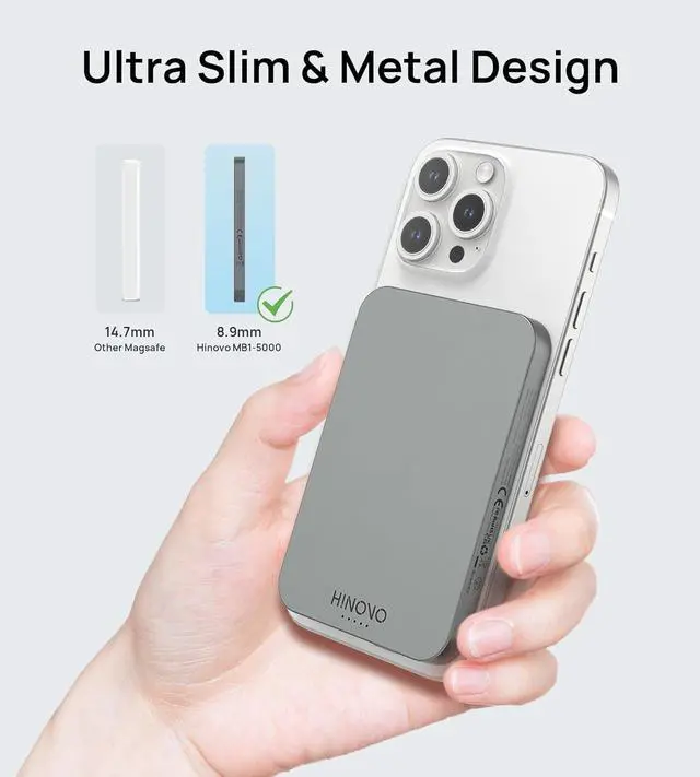 Alt view image 6 of 7 - HINOVO Magnetic Power Bank 5000mAh Portable Charger iPhone Compatible for Magsafe 0.35 Battery Pack PD 20W&15W Wireless Charger for iPhone 15/14/13/12 Series,Metal Design & Graphene Heat Dissipation