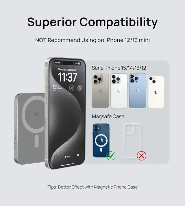 Alt view image 7 of 7 - HINOVO Magnetic Power Bank 5000mAh Portable Charger iPhone Compatible for Magsafe 0.35 Battery Pack PD 20W&15W Wireless Charger for iPhone 15/14/13/12 Series,Metal Design & Graphene Heat Dissipation