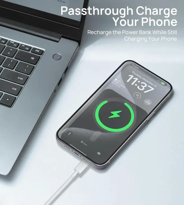 Alt view image 3 of 7 - HINOVO Magnetic Power Bank 5000mAh Portable Charger iPhone Compatible for Magsafe 0.35 Battery Pack PD 20W&15W Wireless Charger for iPhone 15/14/13/12 Series,Metal Design & Graphene Heat Dissipation