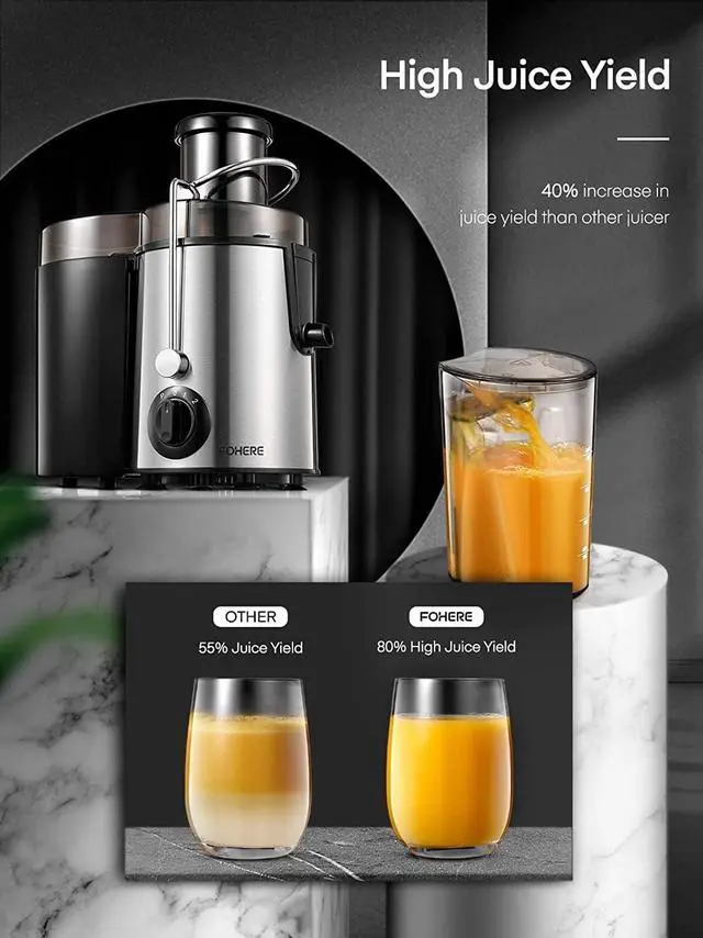 Alt view image 2 of 7 - FOHERE Juicer Machine, Big Mouth Centrifugal Juicer with 3 Speed Setting, Wide 3 Feed Chute for Whole Fruit Vegetable, Juicer Extractor with Quiet Motor and Pulse Function, Easy to Clean